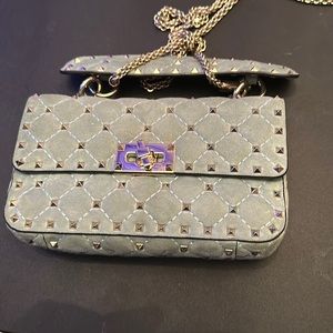 Valentino Rockstud Spike Chain Bag Medium W/ Top Handle Suede Teal